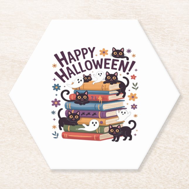 Ghost Cat Reading Books Lover Gifts Halloween Spoo Paper Coaster (Front)