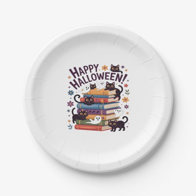 Ghost Cat Reading Books Lover Gifts Halloween Spoo Paper Plate (Front)