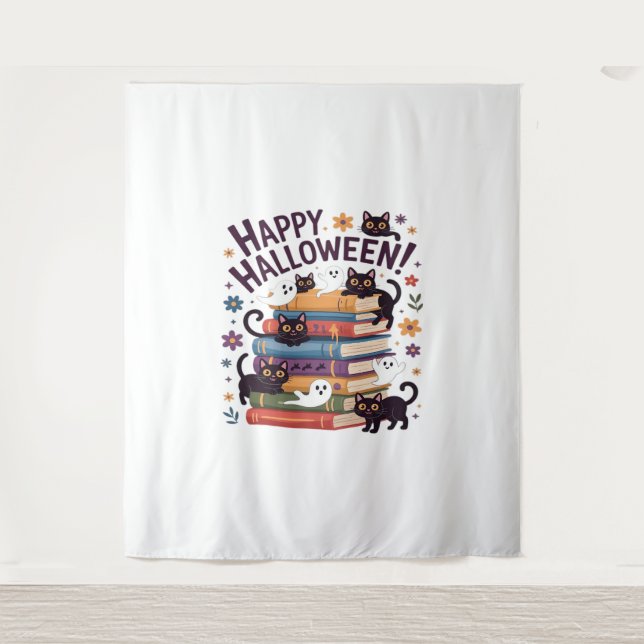 Ghost Cat Reading Books Lover Gifts Halloween Spoo Tapestry (Front)