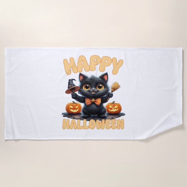 Ghost Cat Tee, Halloween Shirt, Spooky Cute, Unise Beach Towel (Front)