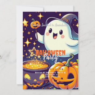 Ghost, Cauldron, Pumpkin, Stars Halloween Party Invitation