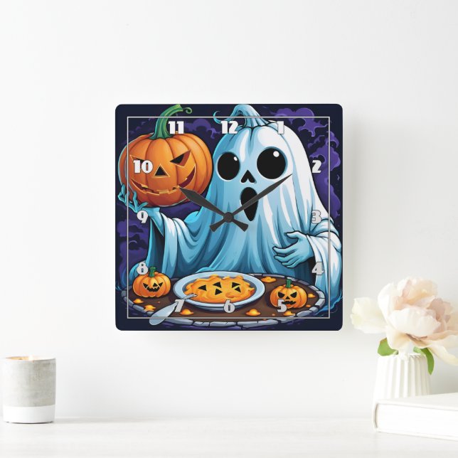 Ghost celebrating Halloween with pumpkins Square Wall Clock (Home)