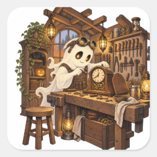 Ghost Clockmaker Workshop Halloween Square Sticker