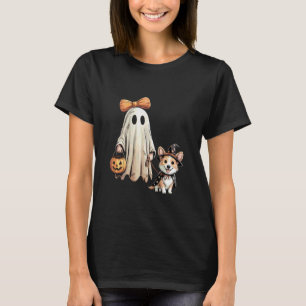 Ghost Corgi Dog Walking Halloween Scary Costume T-Shirt