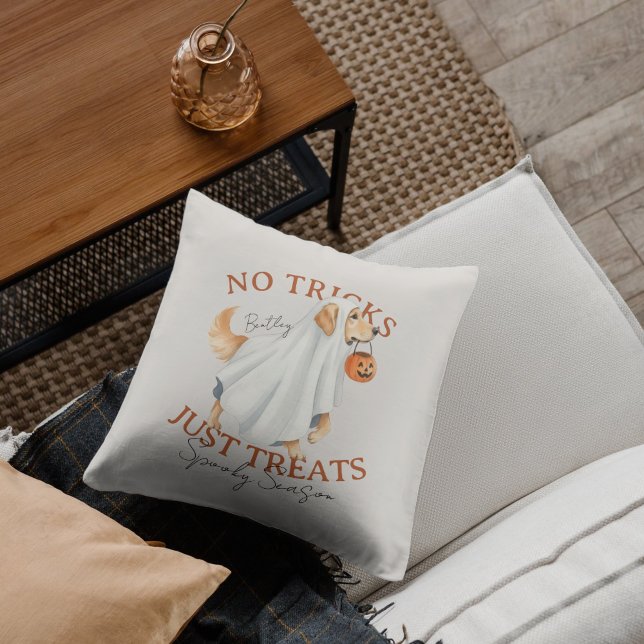 Ghost Costume Dog Golden Retriever Spooky Season Cushion (Elevate your fall home decor with this Ghost Costume Golden Retriever Spooky Season throw pillow!)