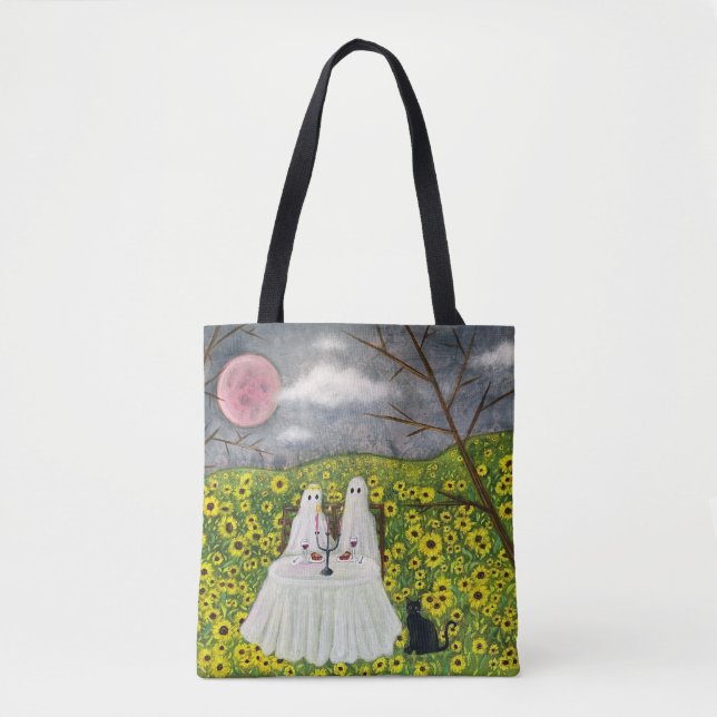 Ghost Couple and Flowers Whimsical Art Tote Bag (Front)