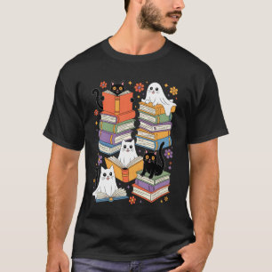 Ghost Cute Cat Reading Books Lover Bookish Hallowe T-Shirt