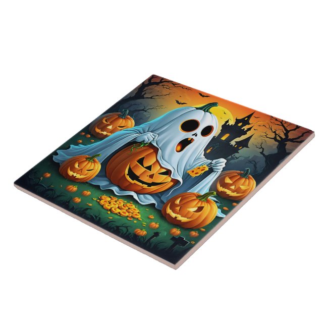 Ghost delights in Halloween treats! 🎃 Tile (Side)