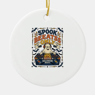 Ghost DJ Spooky Beats Vintage Engraving Halloween Ceramic Tree Decoration