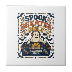 Ghost DJ Spooky Beats Vintage Engraving Halloween  Tile