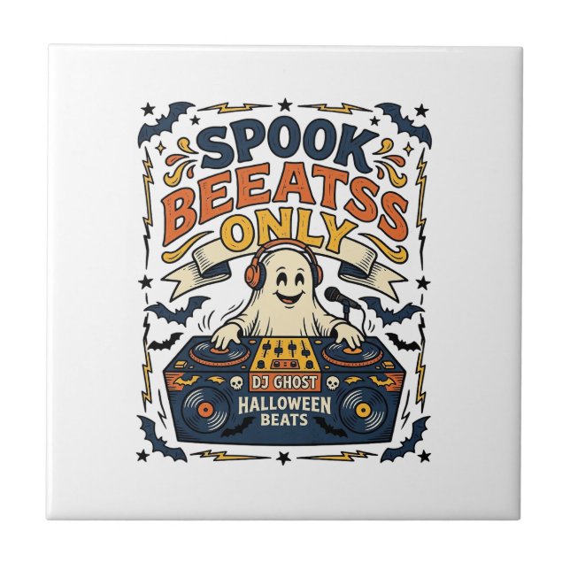 Ghost DJ Spooky Beats Vintage Engraving Halloween  Tile (Front)