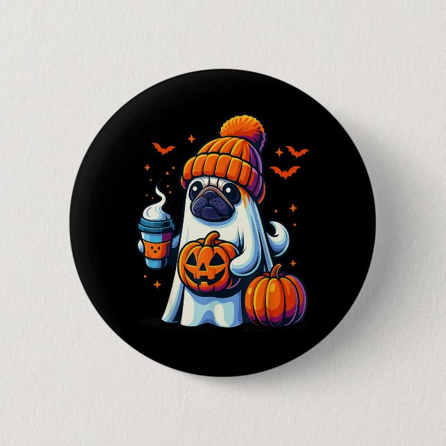 Ghost Dog Pumpkin Drinks Beanie Fall Halloween 6 Cm Round Badge (Front)