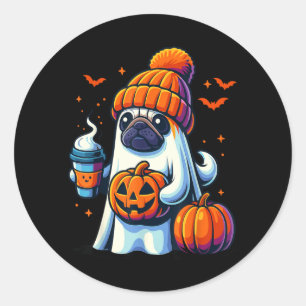 Ghost Dog Pumpkin Drinks Beanie Fall Halloween Classic Round Sticker