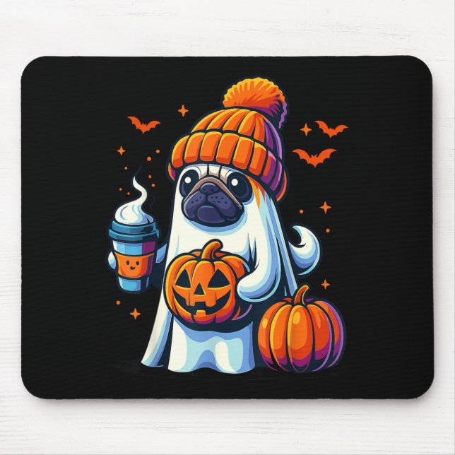 Ghost Dog Pumpkin Drinks Beanie Fall Halloween Mouse Mat (Front)