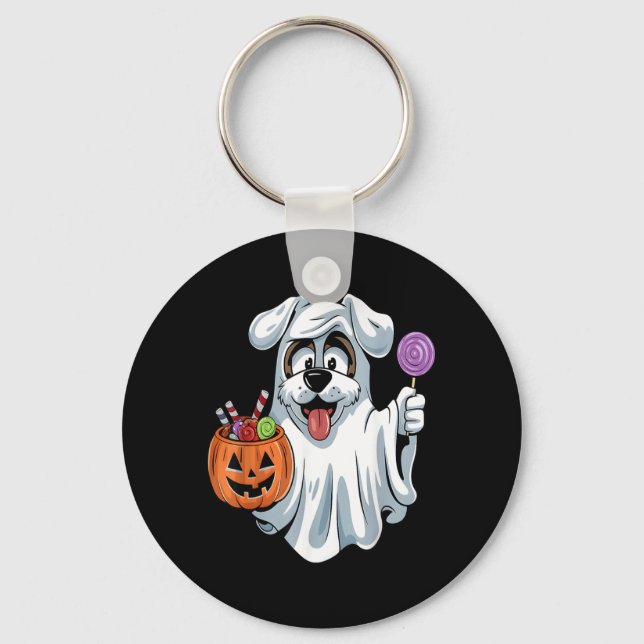 Ghost Dog With Pumpkin Candy Basket Halloween Dog Key Ring (Front)