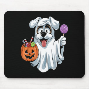 Ghost Dog With Pumpkin Candy Basket Halloween Dog Mouse Mat