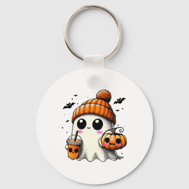 Ghost Drinking Coffee Funny Halloween Costume Coff Key Ring (Front)