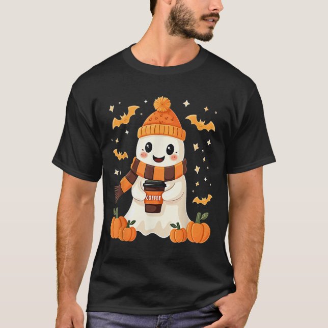 Ghost Drinking Coffee Halloween Cute Ghost Ice Cof T-Shirt (Front)