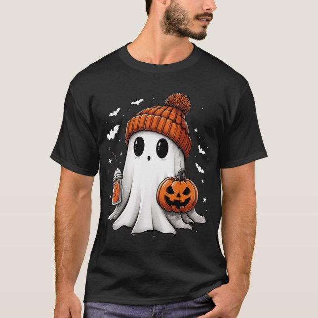 Ghost Drinking Coffee Halloween Ghost Ice Coffee  T-Shirt (Front)