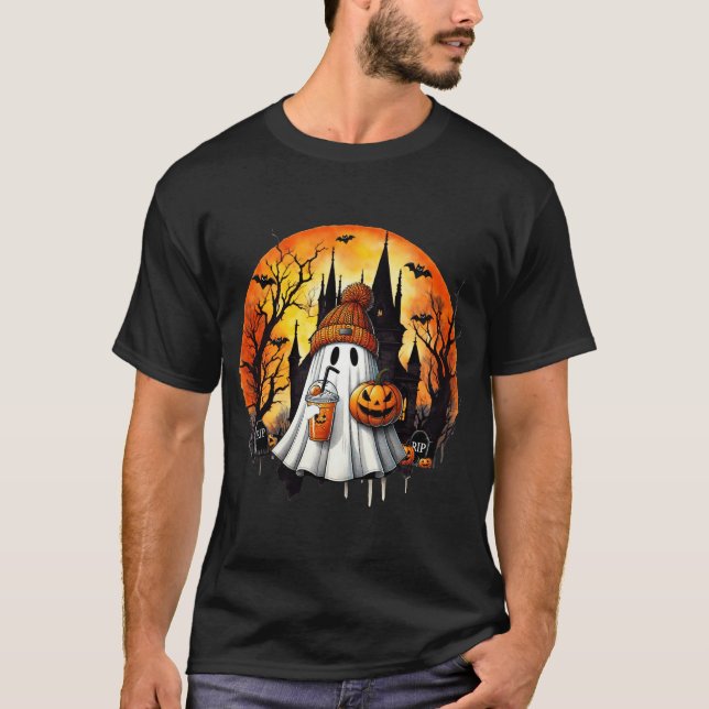 Ghost Drinking Coffee Halloween Ghost Ice Coffee  T-Shirt (Front)