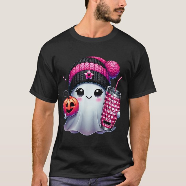  Ghost Drinking Coffee Halloween Ghost Ice Coffee  T-Shirt (Front)