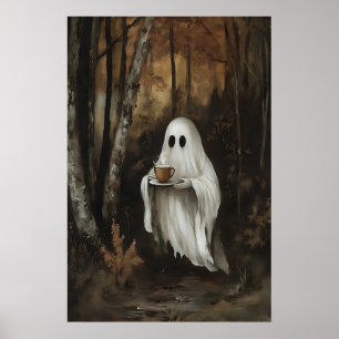 Ghost Drinking Coffee In Fall Forest Print, Ghost Poster