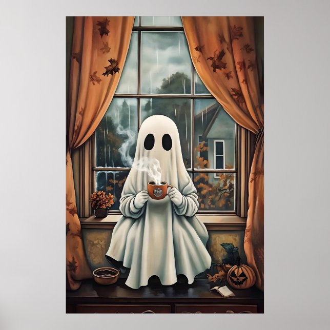Ghost drinking coffee print, ghost tea whimsical poster (Front)