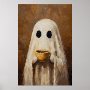Ghost Drinking Coffee Print Spooky Gothic Kitchen