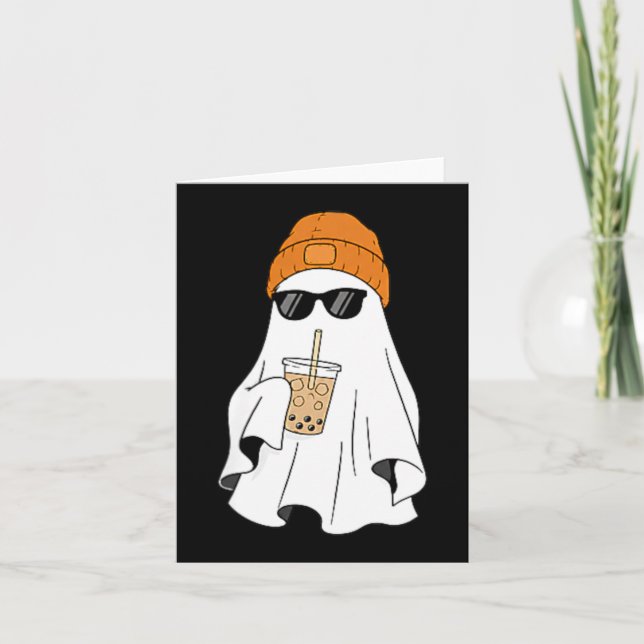 Ghost Drinking Iced Coffee Halloween Costume Card (Front)