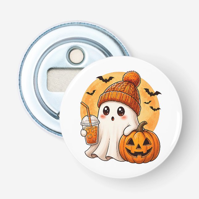 Ghost Drinking Iced Coffee with Pumpkin Halloween Bottle Opener (Front)