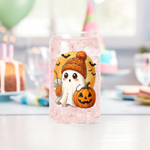 Ghost Drinking Iced Coffee with Pumpkin Halloween Can Glass