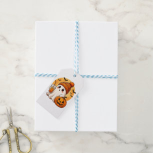 Ghost Drinking Iced Coffee with Pumpkin Halloween Gift Tags