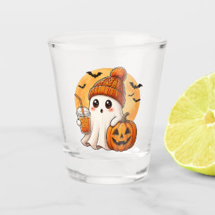 Ghost Drinking Iced Coffee with Pumpkin Halloween Shot Glass