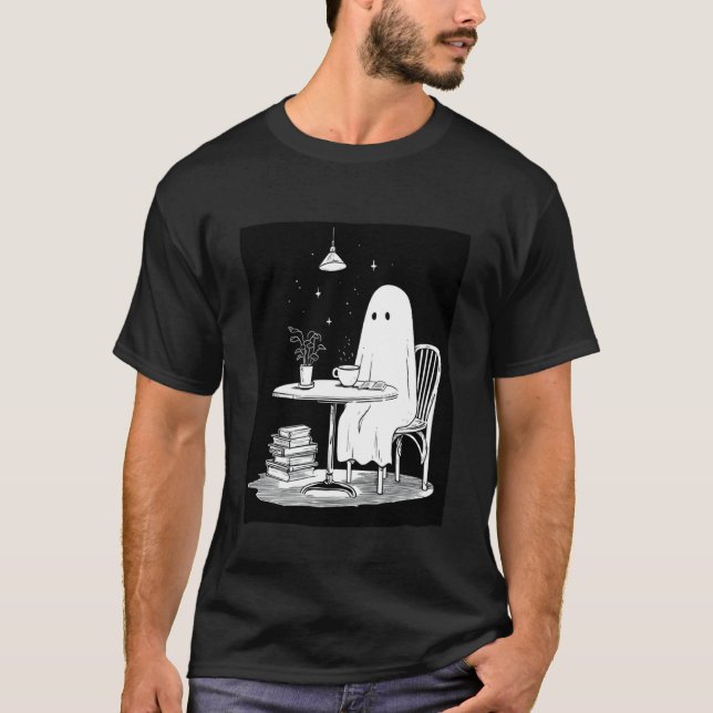 Ghost Drinking Tea and Reading a Book T-Shirt (Front)