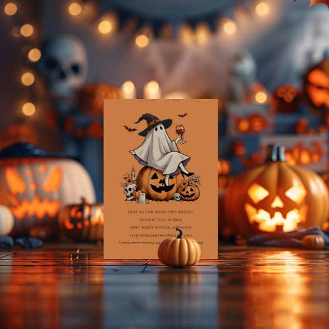 Ghost Drinking Wine Booze Friend Halloween Party Invitation (Creator Uploaded)