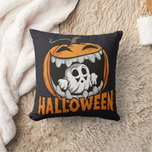 Ghost emerging from a giant Halloween pumpkin Cushion