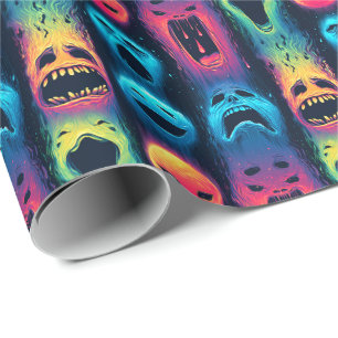 Ghost Emoji Glow - Haunted Neon Spirit Faces Wrapping Paper