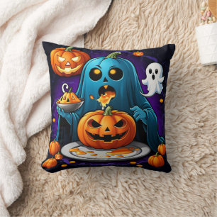 Ghost feasts on pumpkins during Halloween night Cushion