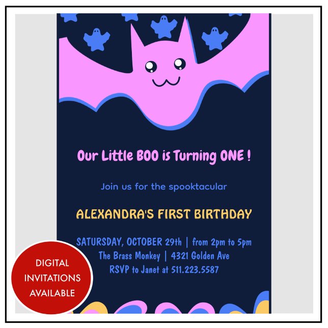 Ghost Flying bat Little boo Halloween 1st Birthday Invitation (Halloween-1st-Birthday-Invitation-Ghost-Flying-bat-Little-boo-pink-1)