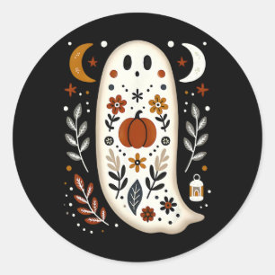 Ghost Folk Art Floral Autumn Fall Pumpkin Spooky H Classic Round Sticker
