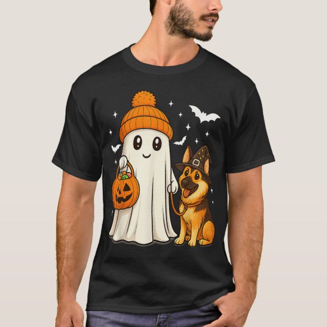 Ghost German Shepherd Dog Walking Halloween Spooky T-Shirt (Front)