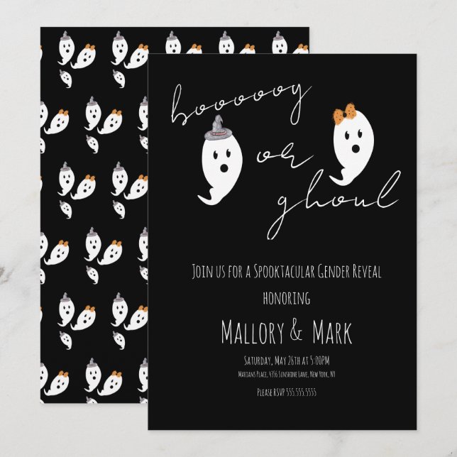 Ghost Ghoul Halloween Gender Reveal Party Black Invitation (Front/Back)