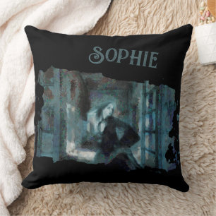 Ghost Girl in Blue – Haunting Surreal Art Cushion