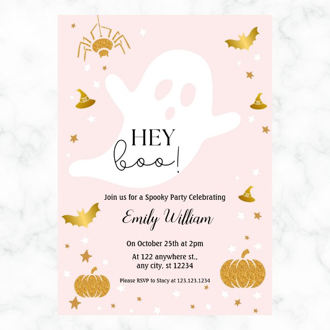 Ghost Girly Halloween Birthday Any Year Pink Gold  Invitation (Creator Uploaded)