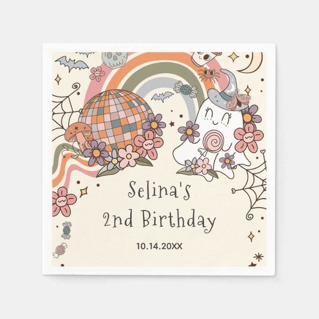 Ghost Groovy Retro Halloween Birthday Napkins (Front)
