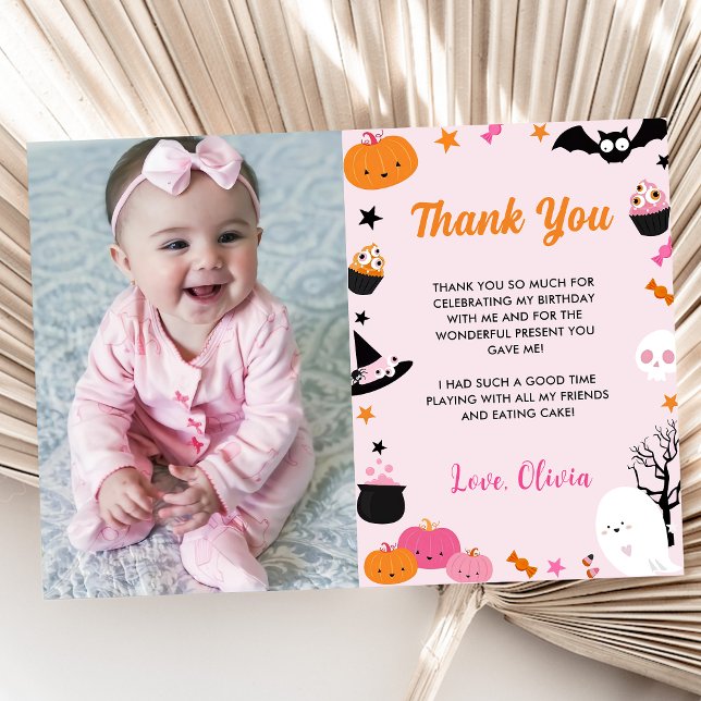 Ghost Halloween Birthday Pink Photo  Thank You Card (Creator Uploaded)
