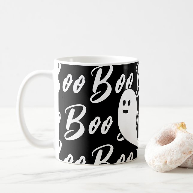 Ghost Halloween Black and White boo text pattern Coffee Mug (With Donut)