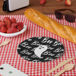 Ghost Halloween Black and White boo text pattern Paper Plate