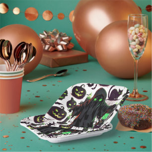 Ghost Halloween Black Paper Plate