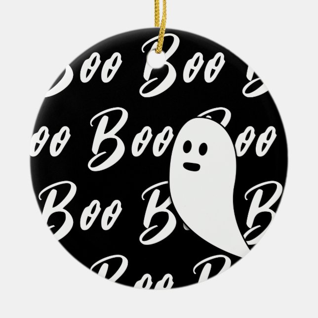 Ghost Halloween black white boo Ceramic Tree Decoration (Front)